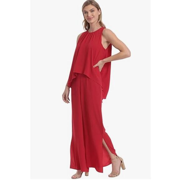 LONDON TIMES Jewel Neck High Low Popover Jumpsuit Size 4 Jalapeno Red NWOT - Picture 2 of 12
